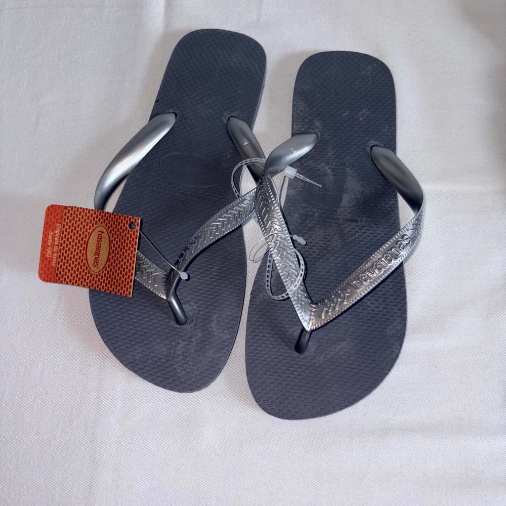 Havaianas Flip Flops 11 - 12 Steel Grey silver new Metallic Thong Sandal beach